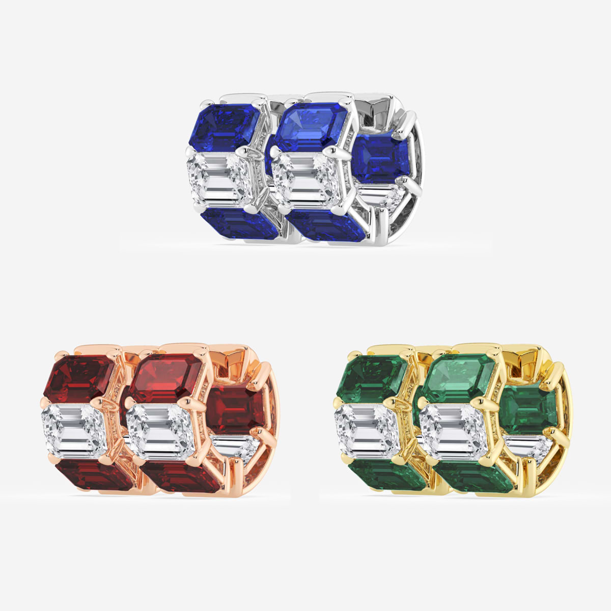 Additional Image 2 for  6.8x4.75 mm Emerald Cut Created Ruby and 4 ctw Emerald Lab Grown Diamond Huggie Hoop Earrings