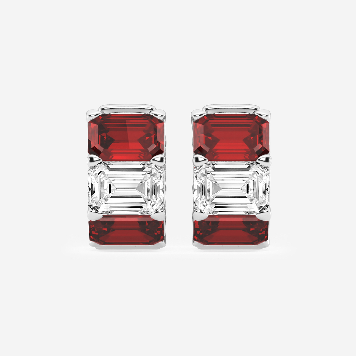 6.8x4.75 mm Emerald Cut Created Ruby and 4 ctw Emerald Lab Grown Diamond Huggie Hoop Earrings