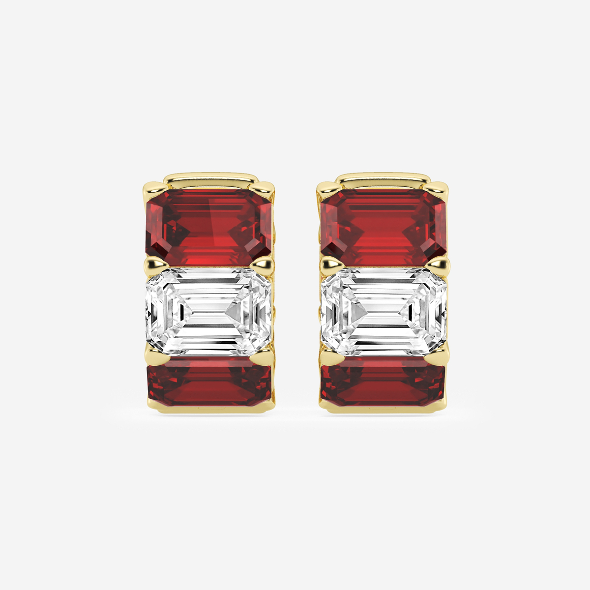 6.8x4.75 mm Emerald Cut Created Ruby and 4 ctw Emerald Lab Grown Diamond Huggie Hoop Earrings