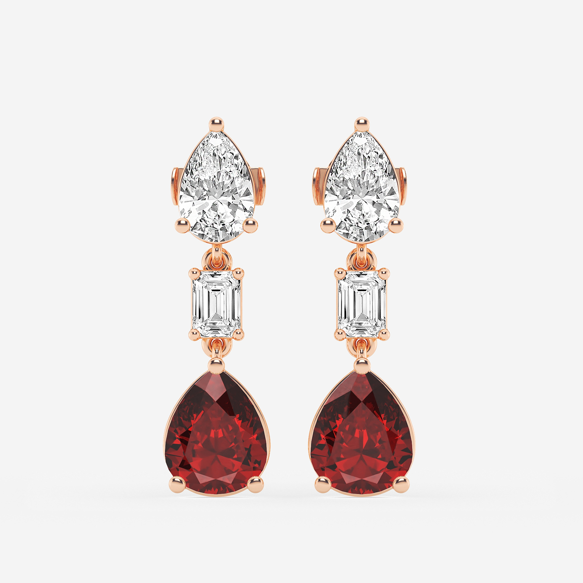 10x8mm Pear Cut Created Ruby with 2 7/8 ctw Emerald and Pear Lab Grown Diamond Drop Earrings
