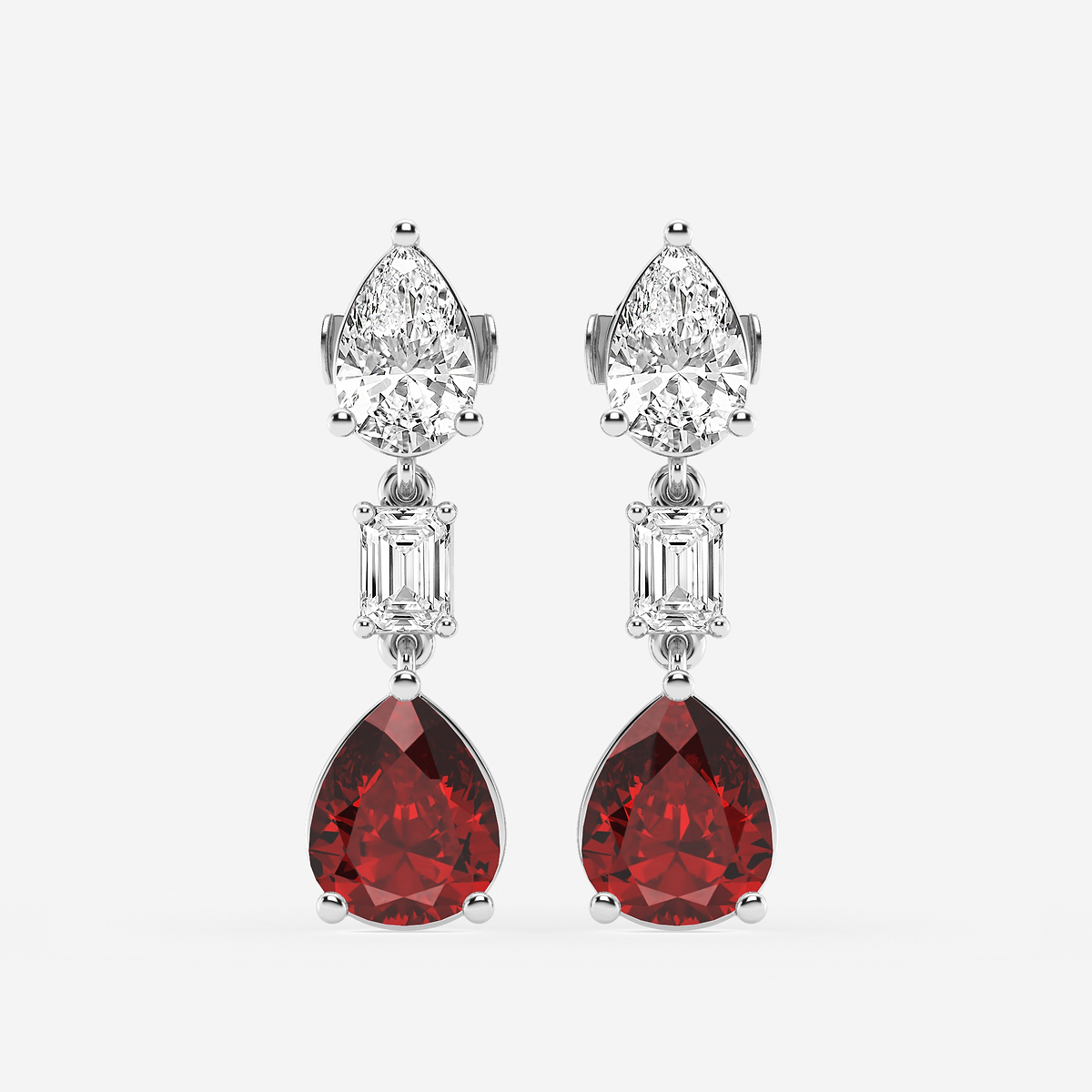 10x8mm Pear Cut Created Ruby with 2 7/8 ctw Emerald and Pear Lab Grown Diamond Drop Earrings