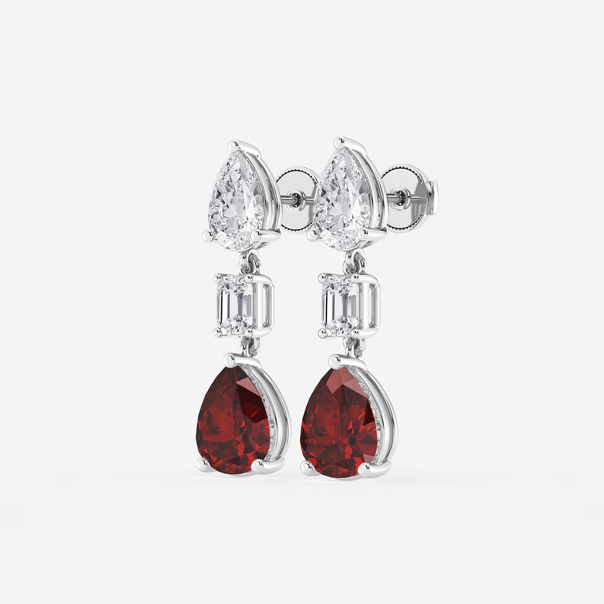 Additional Image 1 for  10x8mm Pear Cut Created Ruby with 2 7/8 ctw Emerald and Pear Lab Grown Diamond Drop Earrings