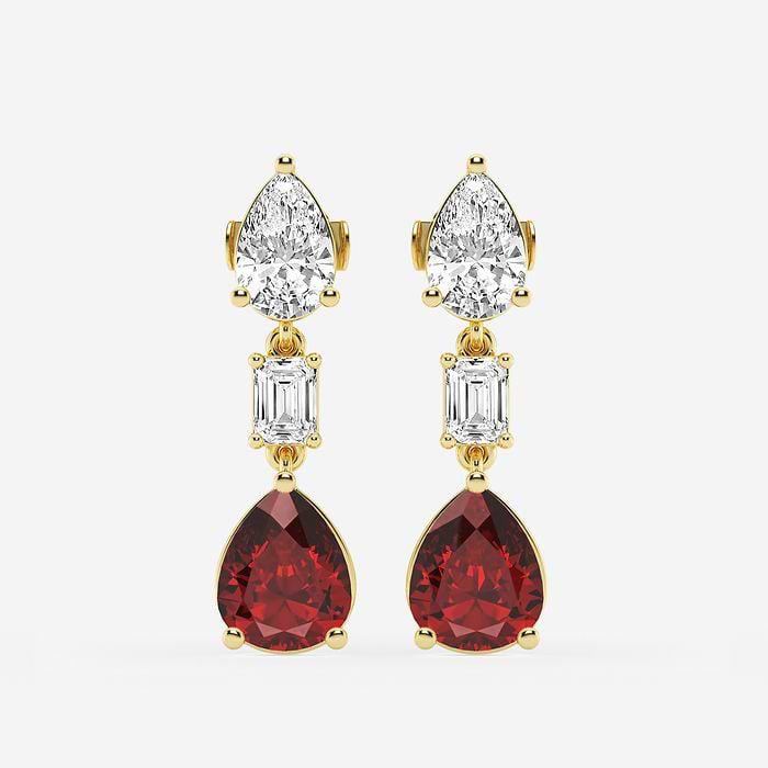 Emerald and Pear Drop Earrings with Ruby Pear