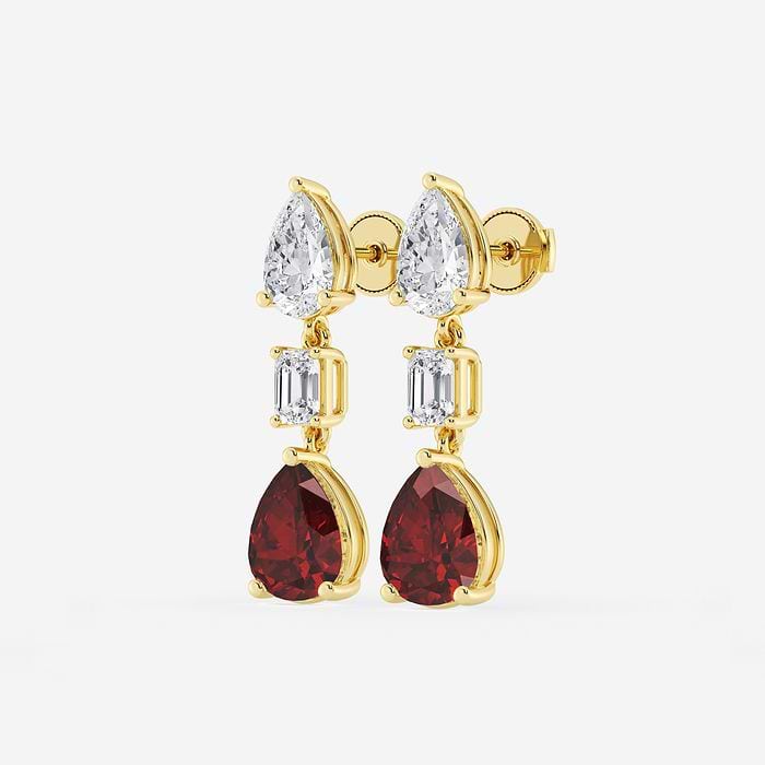 Emerald and Pear Drop Earrings with Ruby Pear
