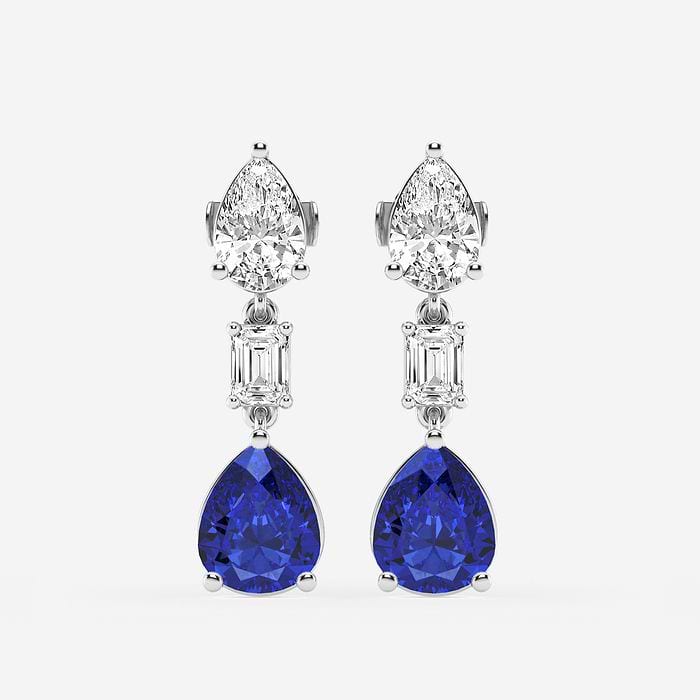 Emerald and Pear Drop Earrings with Sapphire Pear