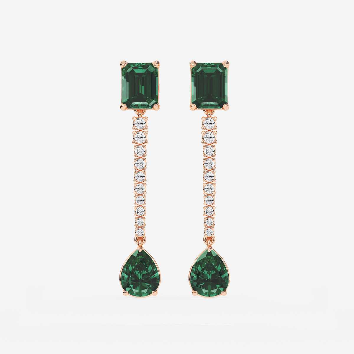 9X7mm Emerald Cut, 10x8mm Pear Cut Created Emerald and 3/4 ctw Round Lab Grown Diamond Linear Earrings