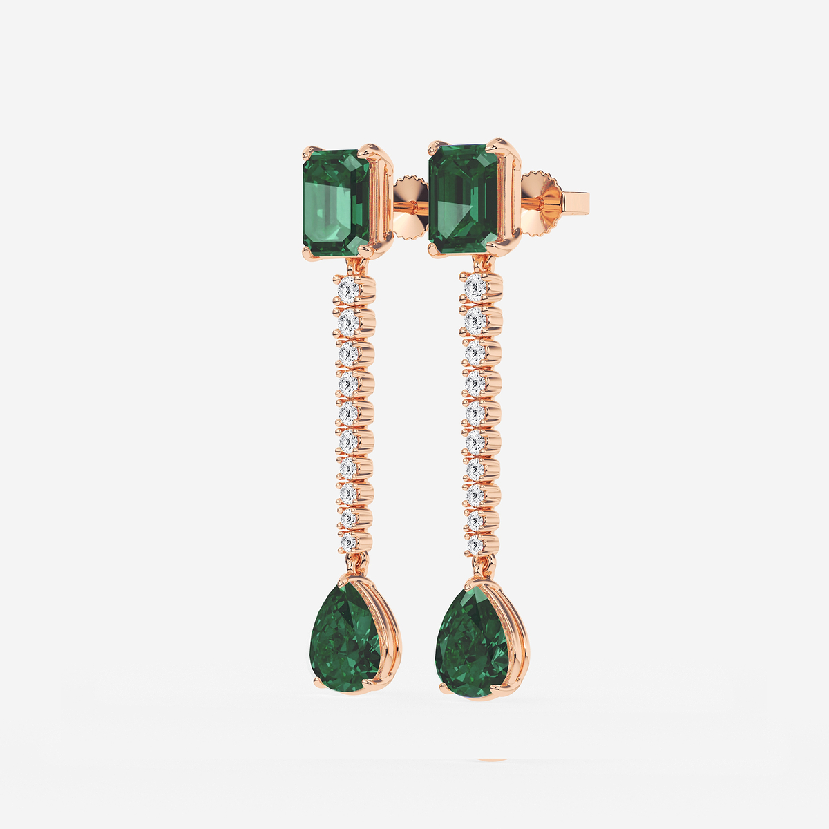 Additional Image 1 for  9X7mm Emerald Cut, 10x8mm Pear Cut Created Emerald and 3/4 ctw Round Lab Grown Diamond Linear Earrings