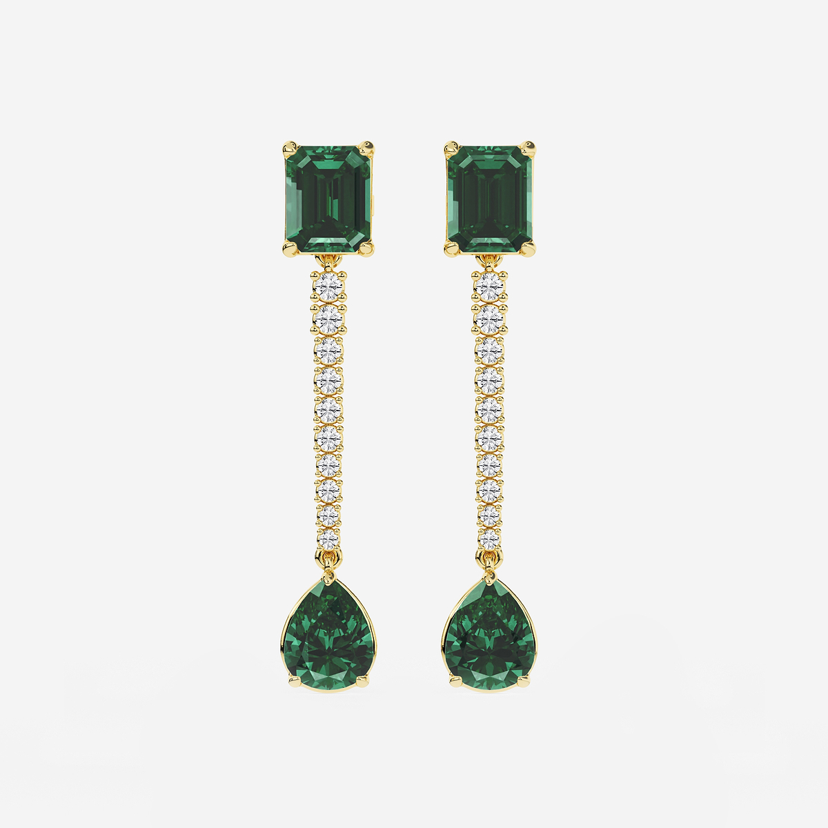 9X7mm Emerald Cut, 10x8mm Pear Cut Created Emerald and 3/4 ctw Round Lab Grown Diamond Linear Earrings