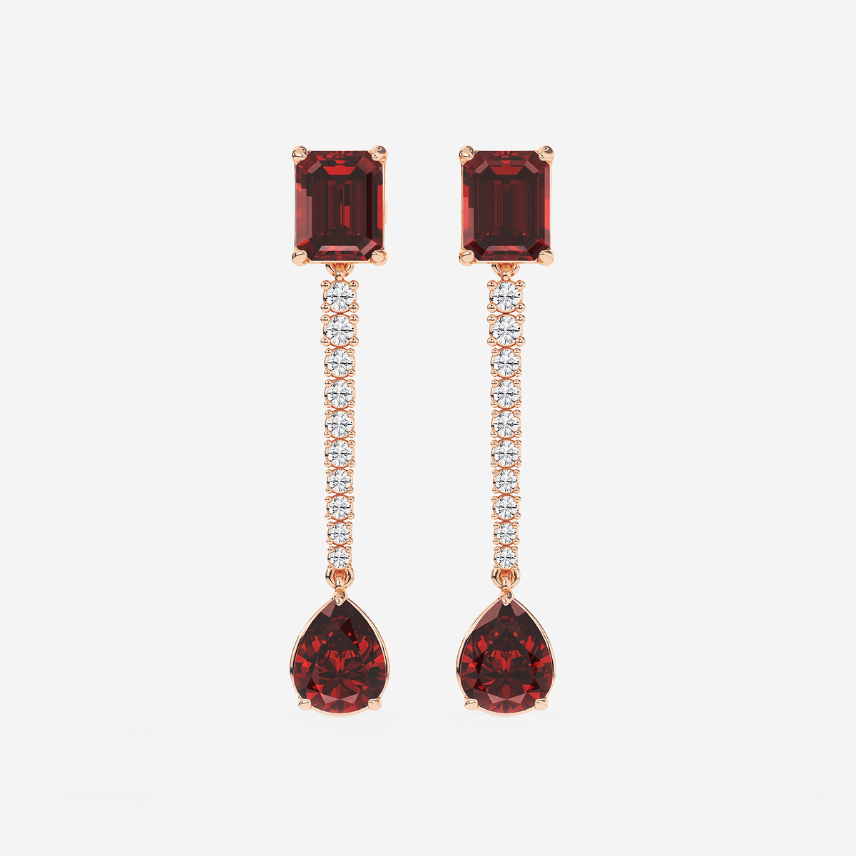 9X7mm Emerald Cut, 10x8mm Pear Cut Created Ruby and 3/4 ctw Round Lab Grown Diamond Linear Earrings