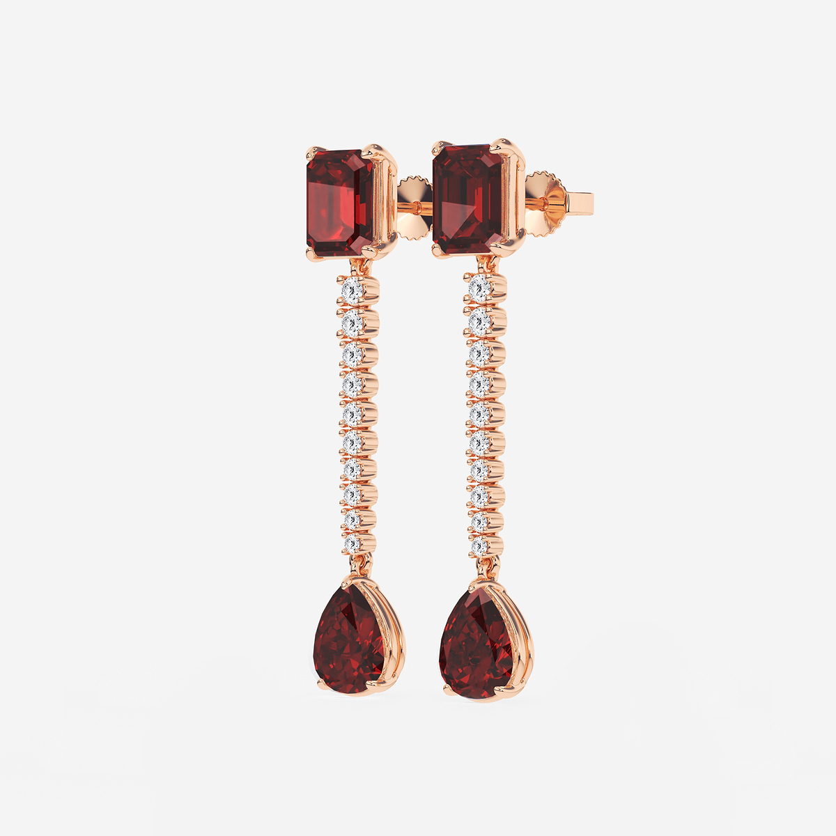 Additional Image 1 for  9X7mm Emerald Cut, 10x8mm Pear Cut Created Ruby and 3/4 ctw Round Lab Grown Diamond Linear Earrings