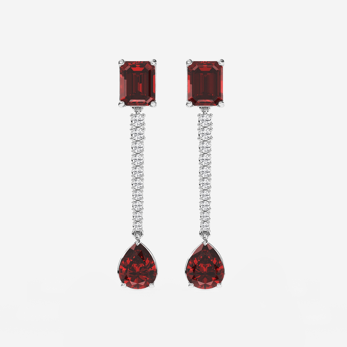 9X7mm Emerald Cut, 10x8mm Pear Cut Created Ruby and 3/4 ctw Round Lab Grown Diamond Linear Earrings