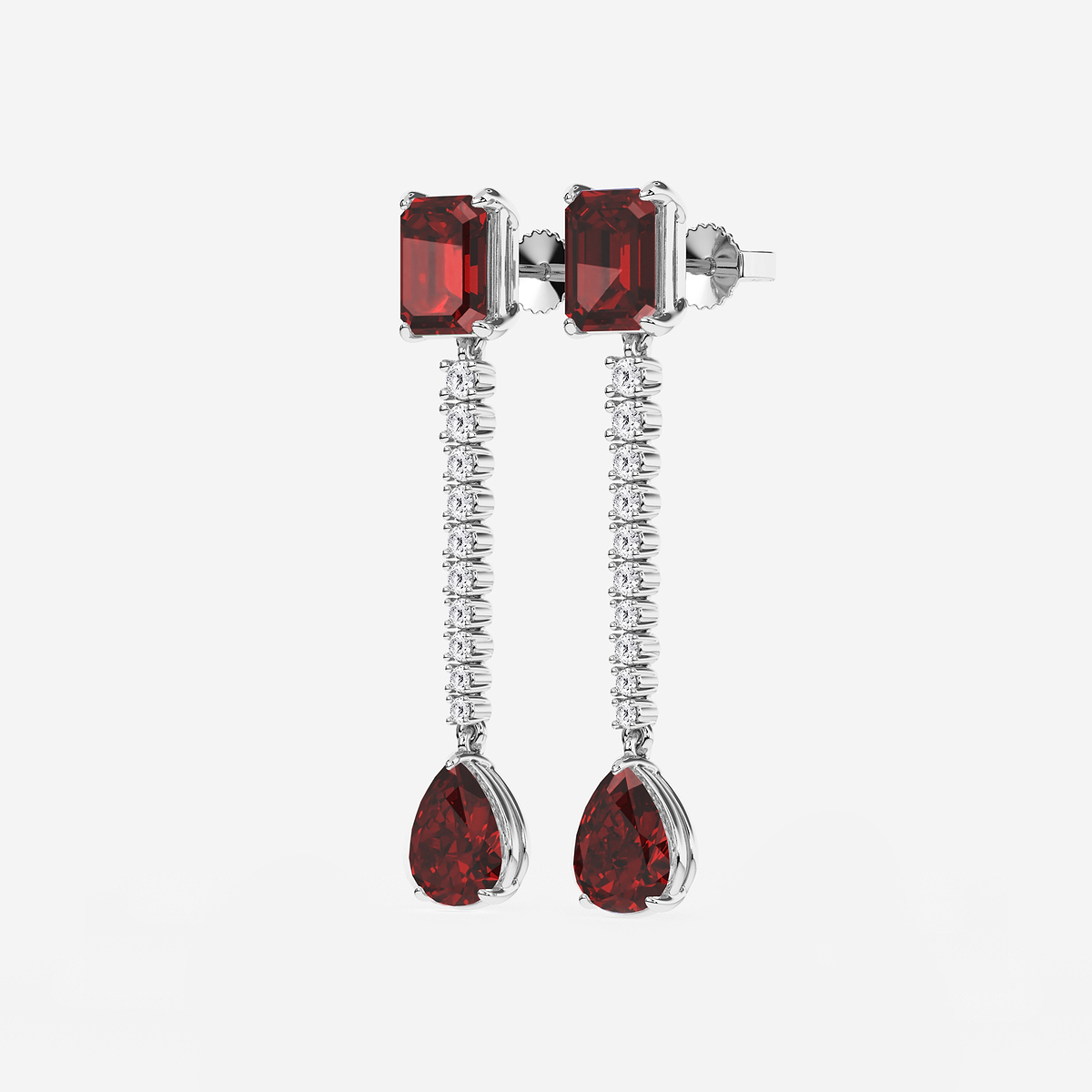 Additional Image 1 for  9X7mm Emerald Cut, 10x8mm Pear Cut Created Ruby and 3/4 ctw Round Lab Grown Diamond Linear Earrings