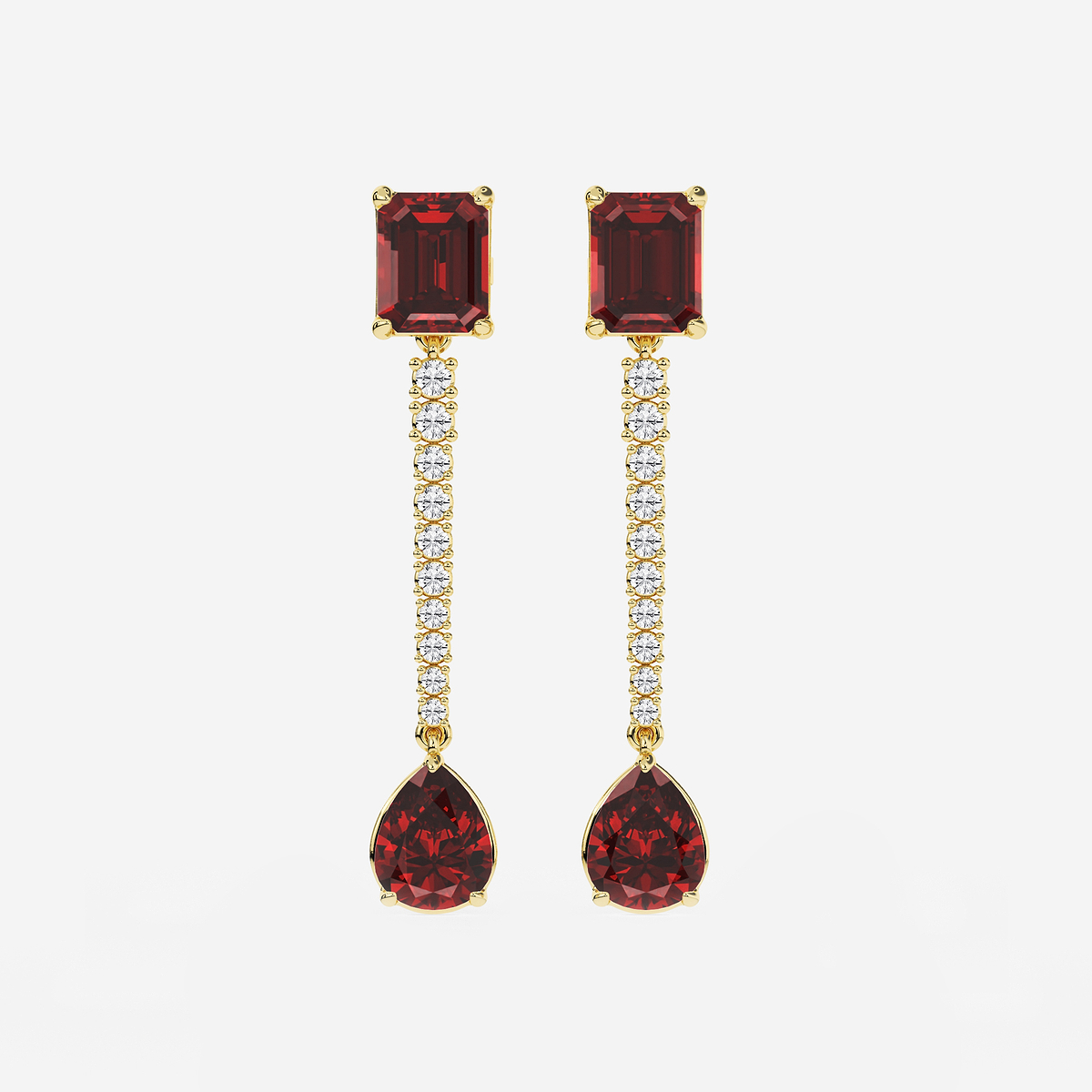 9X7mm Emerald Cut, 10x8mm Pear Cut Created Ruby and 3/4 ctw Round Lab Grown Diamond Linear Earrings