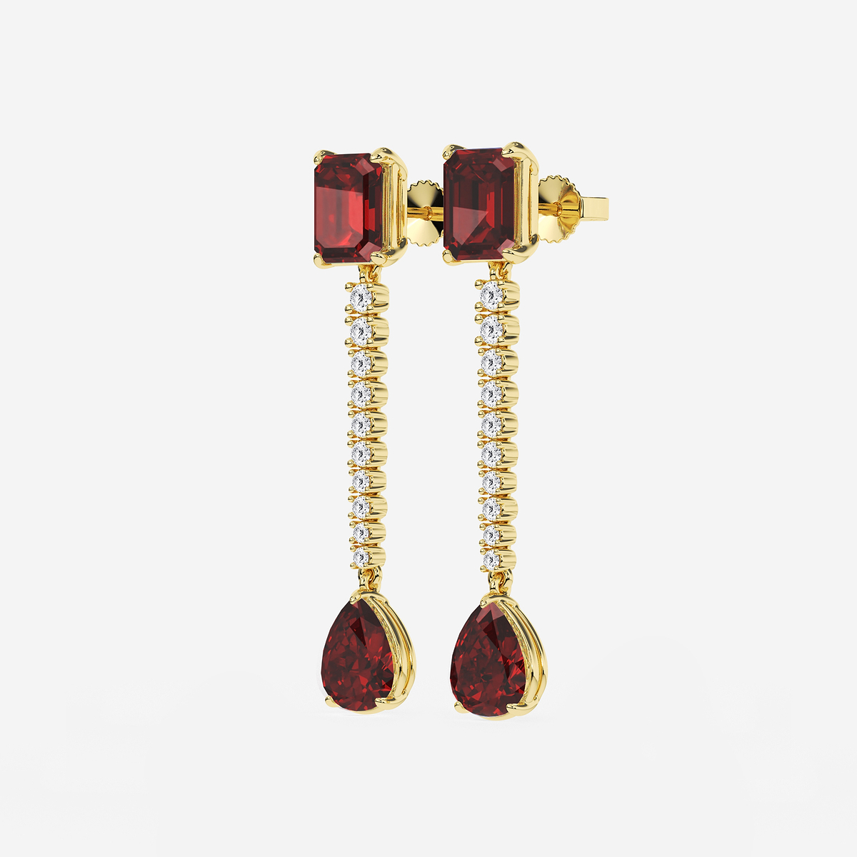 Additional Image 1 for  9X7mm Emerald Cut, 10x8mm Pear Cut Created Ruby and 3/4 ctw Round Lab Grown Diamond Linear Earrings