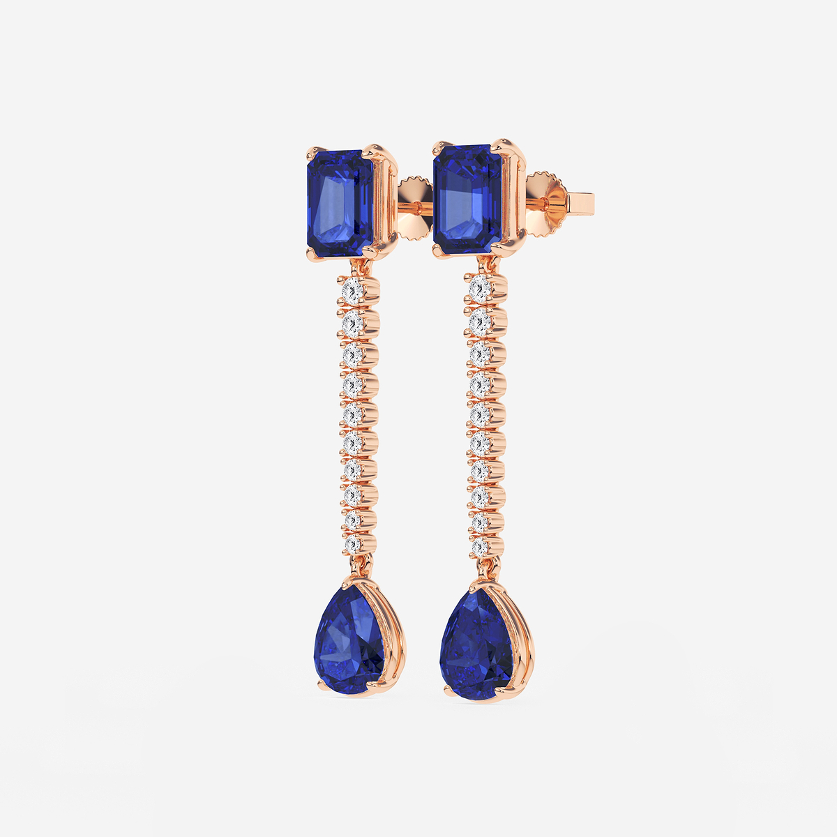 Additional Image 1 for  9X7mm Emerald Cut, 10x8mm Pear Cut Created Sapphire and 3/4 ctw Round Lab Grown Diamond Linear Earrings