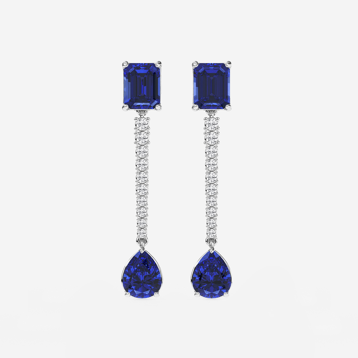 9X7mm Emerald Cut, 10x8mm Pear Cut Created Sapphire and 3/4 ctw Round Lab Grown Diamond Linear Earrings