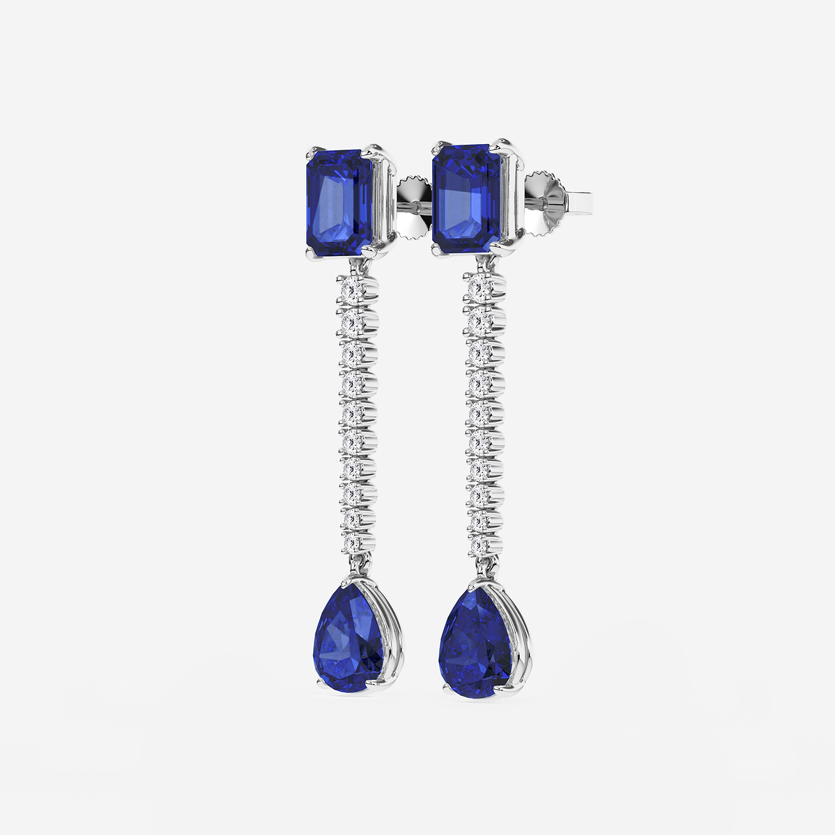 Additional Image 1 for  9X7mm Emerald Cut, 10x8mm Pear Cut Created Sapphire and 3/4 ctw Round Lab Grown Diamond Linear Earrings