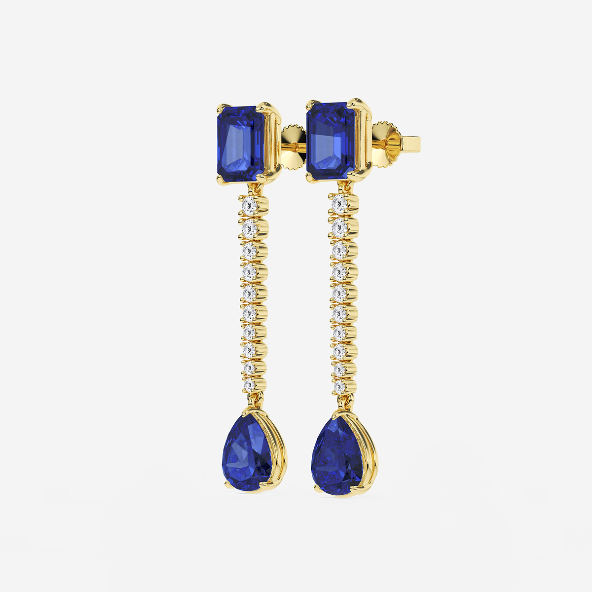 Additional Image 1 for  9X7mm Emerald Cut, 10x8mm Pear Cut Created Sapphire and 3/4 ctw Round Lab Grown Diamond Linear Earrings