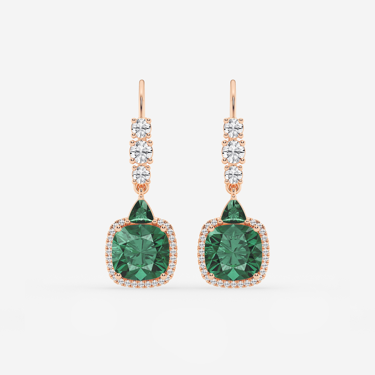 8mm Cushion, 3.5mm Trillion Cut Created Emerald and 5/8 ctw Round Lab Grown Diamond Drop Earrings