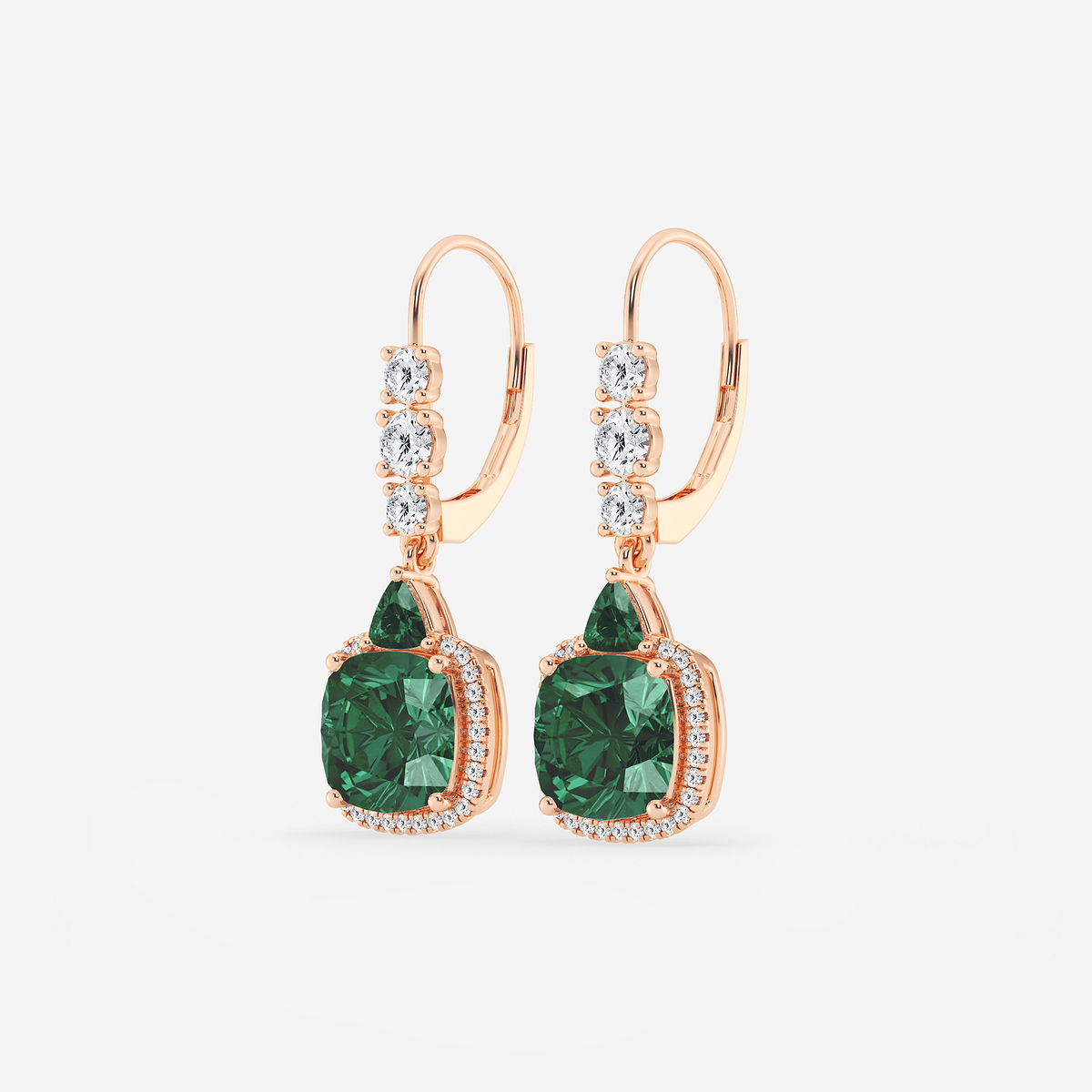 Additional Image 1 for  8mm Cushion, 3.5mm Trillion Cut Created Emerald and 5/8 ctw Round Lab Grown Diamond Drop Earrings