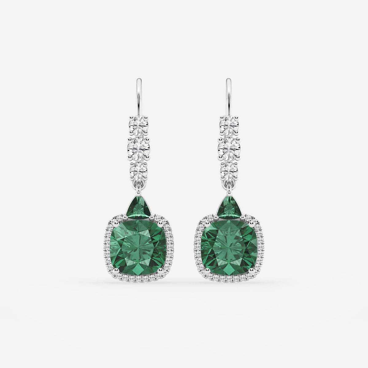 8mm Cushion, 3.5mm Trillion Cut Created Emerald and 5/8 ctw Round Lab Grown Diamond Drop Earrings