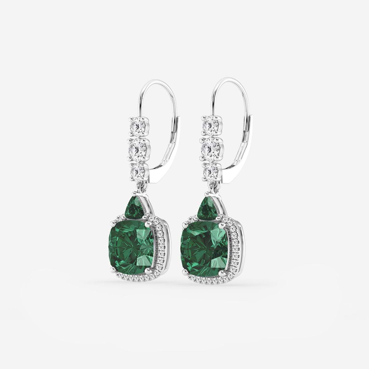 Additional Image 1 for  8mm Cushion, 3.5mm Trillion Cut Created Emerald and 5/8 ctw Round Lab Grown Diamond Drop Earrings
