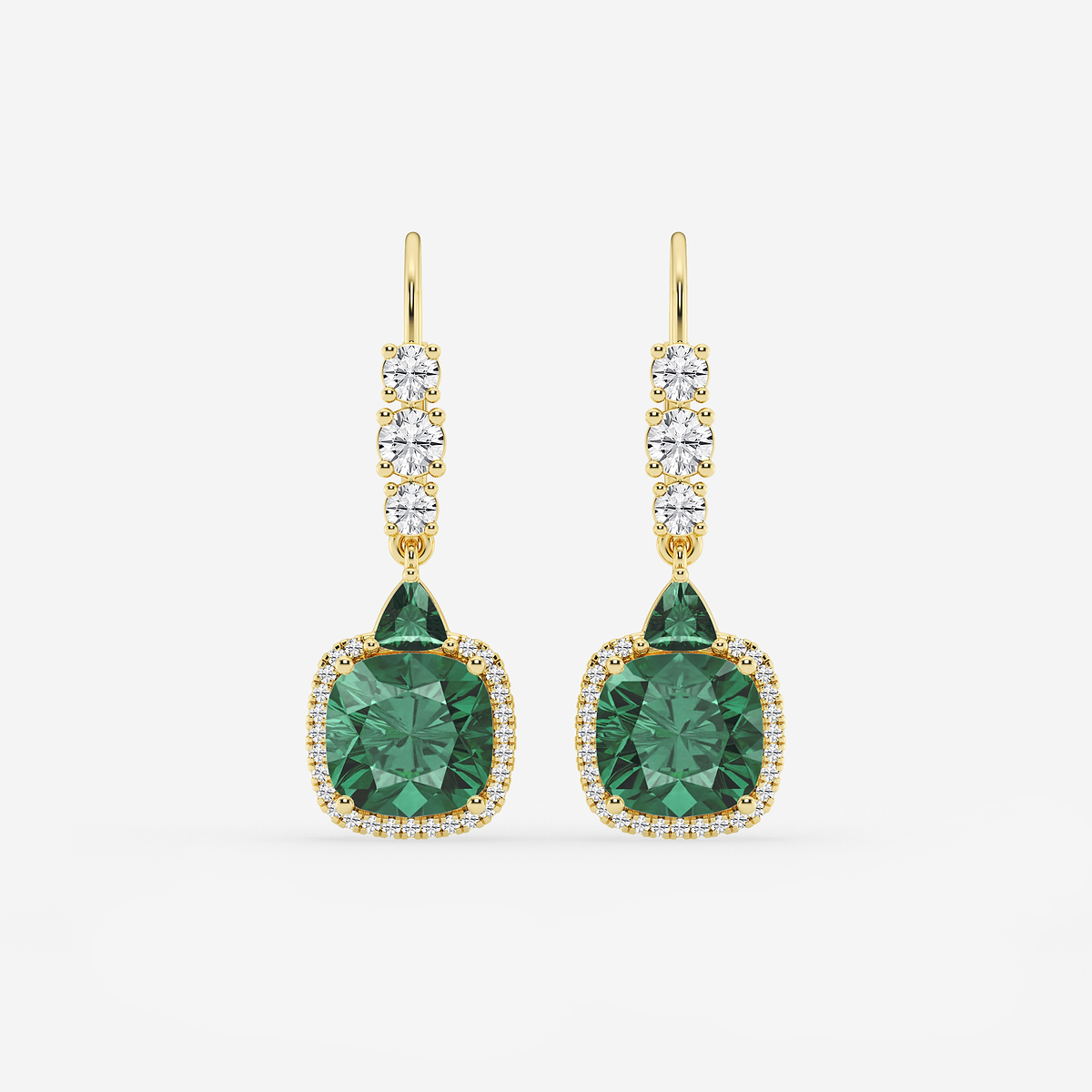 8mm Cushion, 3.5mm Trillion Cut Created Emerald and 5/8 ctw Round Lab Grown Diamond Drop Earrings