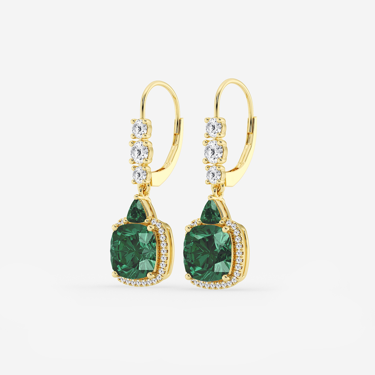 Additional Image 1 for  8mm Cushion, 3.5mm Trillion Cut Created Emerald and 5/8 ctw Round Lab Grown Diamond Drop Earrings