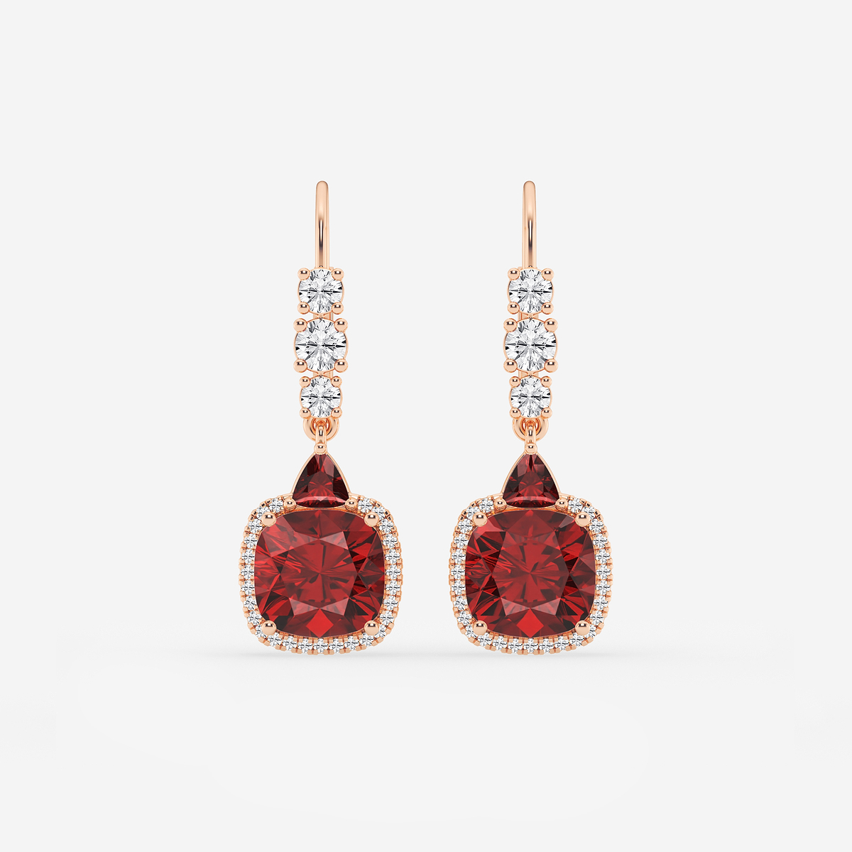 8mm Cushion, 3.5mm Trillion Cut Created Ruby and 5/8 ctw Round Lab Grown Diamond Drop Earrings