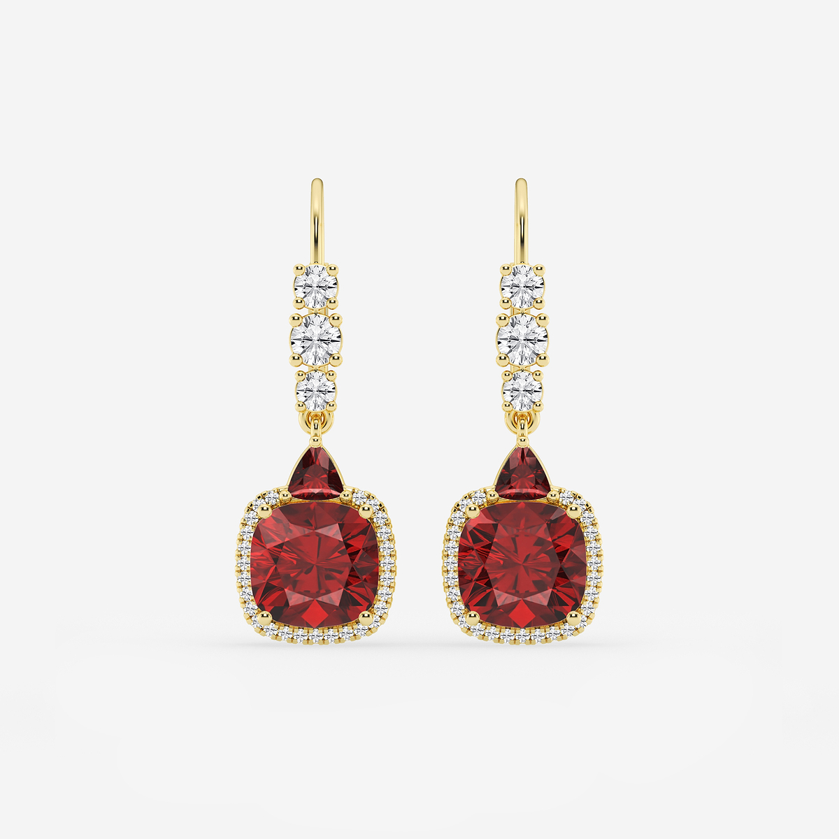8mm Cushion, 3.5mm Trillion Cut Created Ruby and 5/8 ctw Round Lab Grown Diamond Drop Earrings