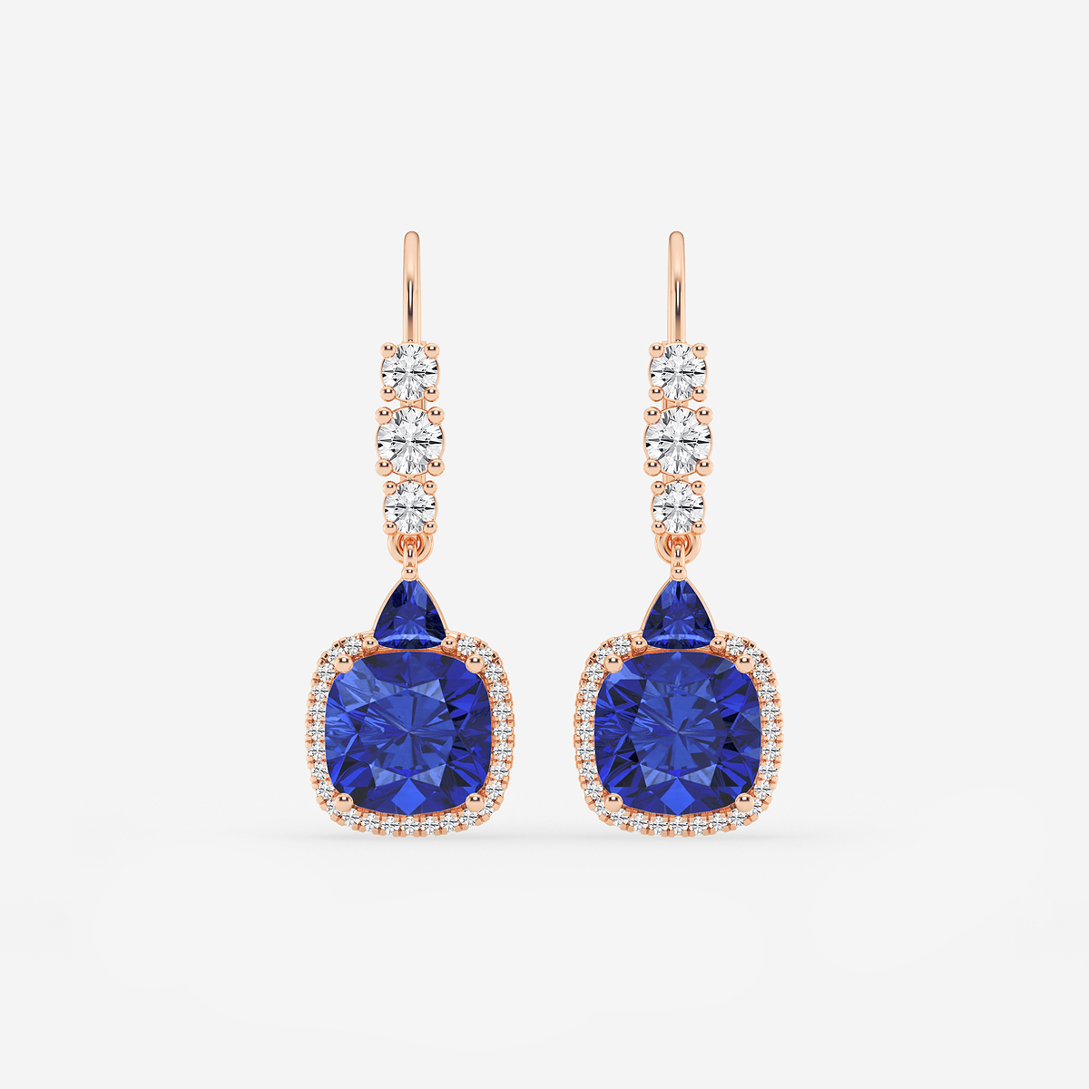 8mm Cushion, 3.5mm Trillion Cut Created Sapphire and 5/8 ctw Round Lab Grown Diamond Drop Earrings