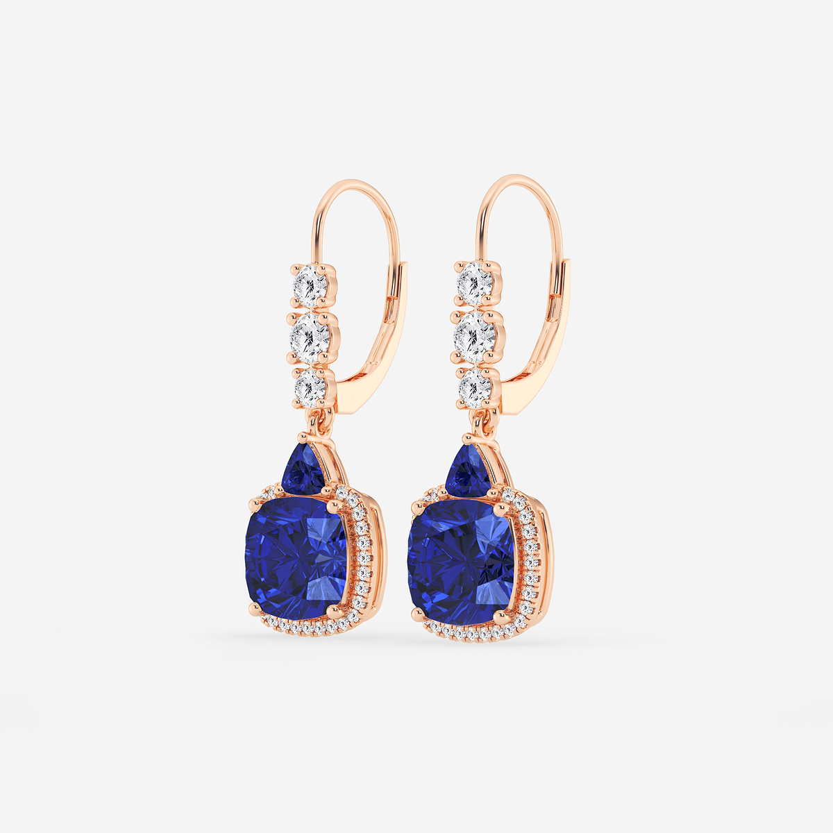 Additional Image 1 for  8mm Cushion, 3.5mm Trillion Cut Created Sapphire and 5/8 ctw Round Lab Grown Diamond Drop Earrings