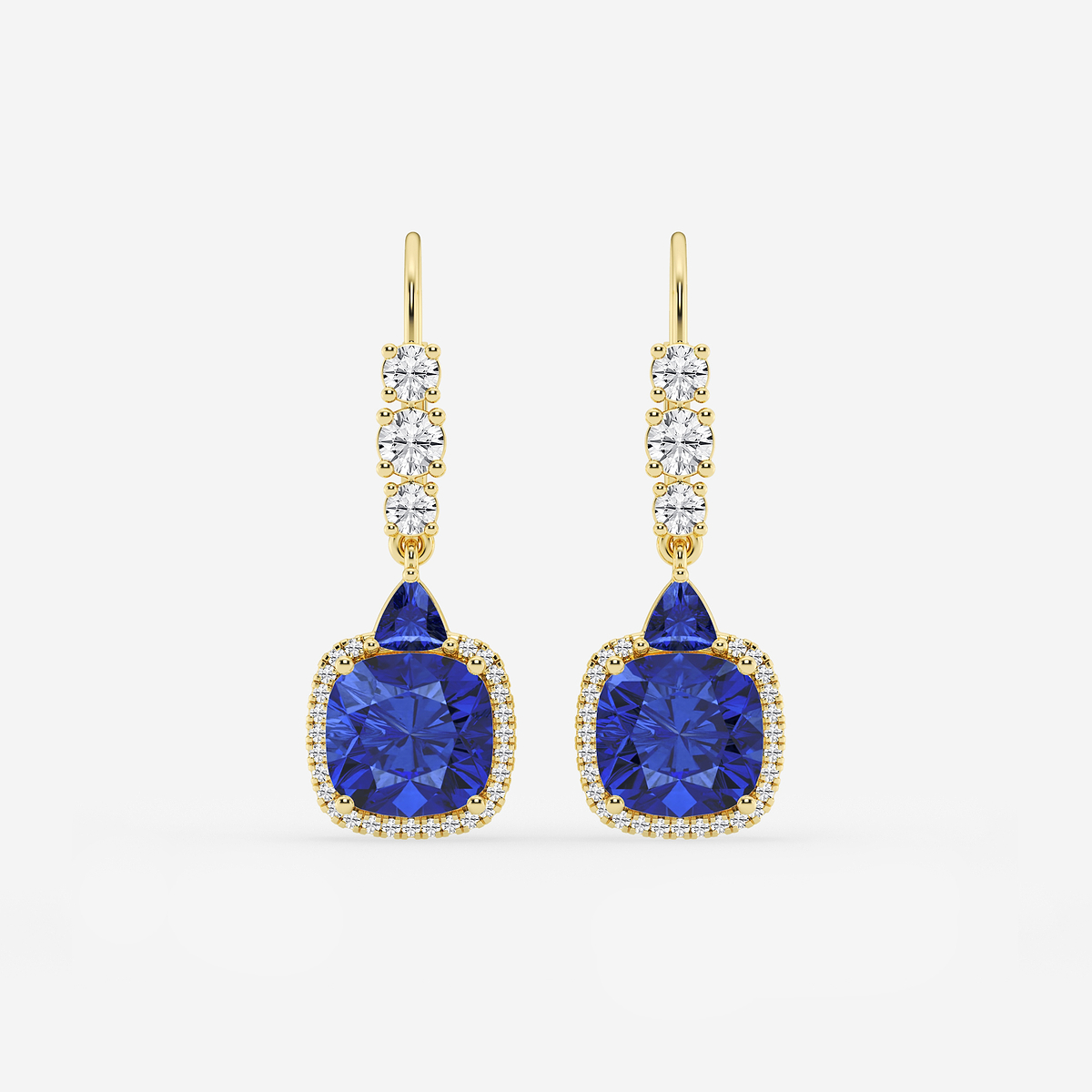 8mm Cushion, 3.5mm Trillion Cut Created Sapphire and 5/8 ctw Round Lab Grown Diamond Drop Earrings