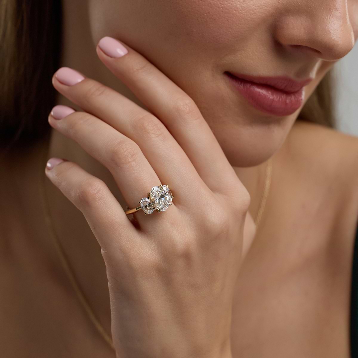 4 ctw Oval Lab Grown Diamond Three-Stone Ring 18K Yellow Gold, F, VS2