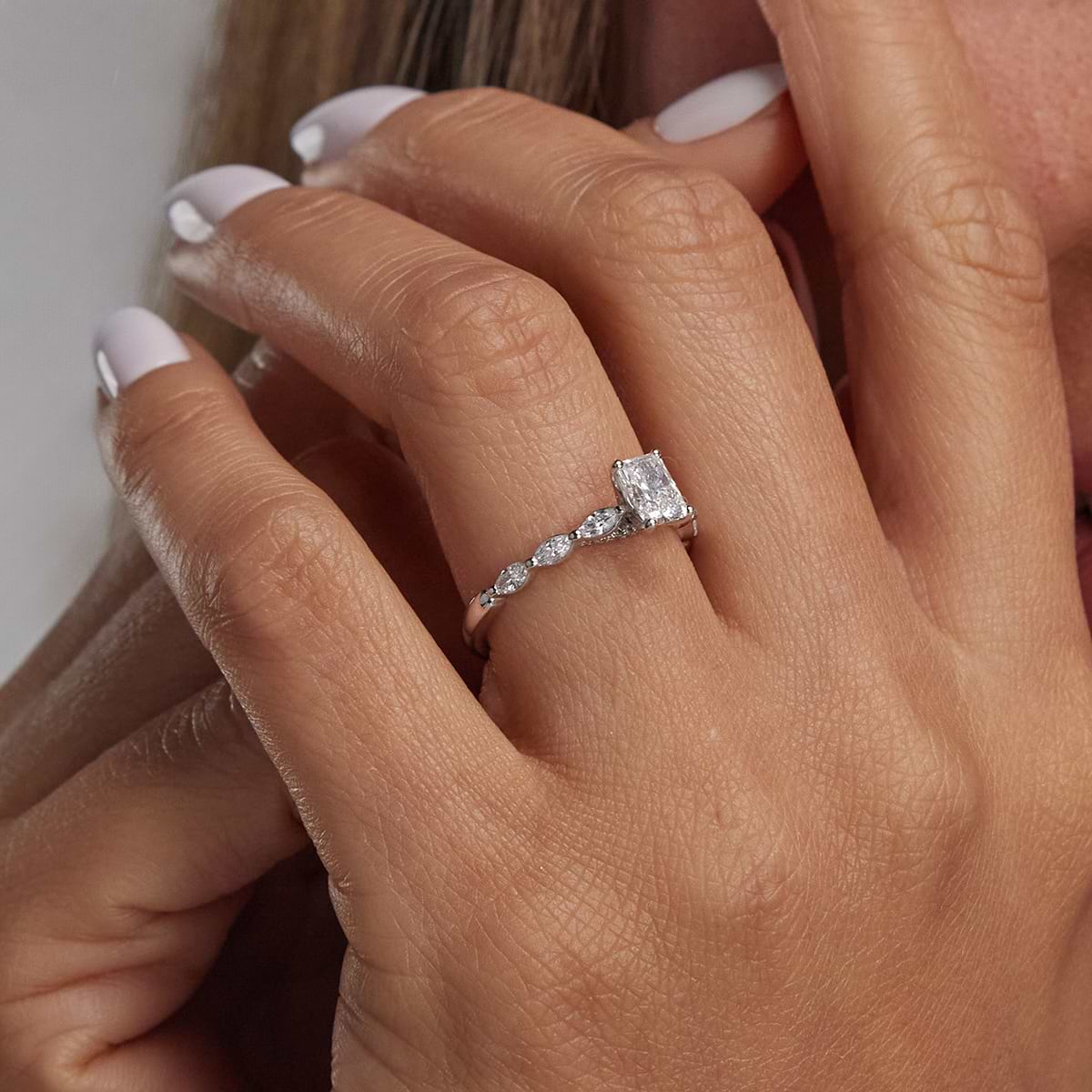 1 1/6 ctw Radiant Lab Grown Diamond Engagement Ring with Floating Marquise Side Accents 14K White Gold, E, VS1