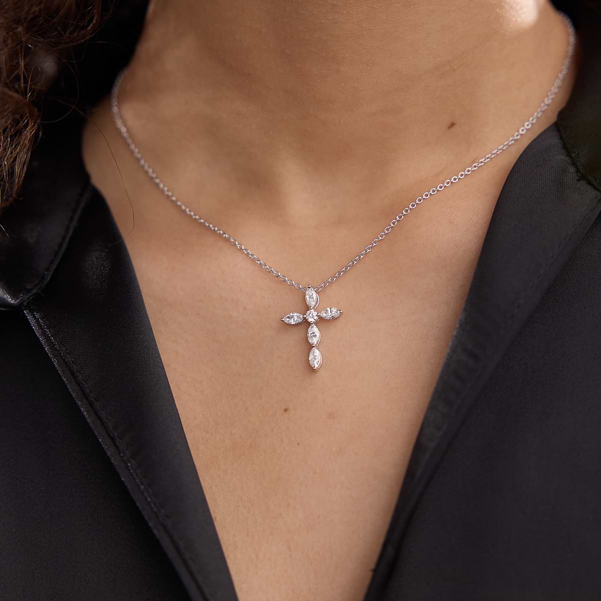 1 ctw Marquise and Round Lab Grown Diamond Cross Pendant with Adjustable Chain 14K Yellow Gold, F, VS2