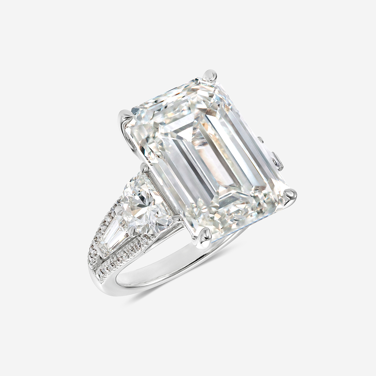 16 1/2 ctw Emerald Lab Grown Diamond Solitaire Engagement Ring with Side Accents 18K White Gold, EF, VS2+