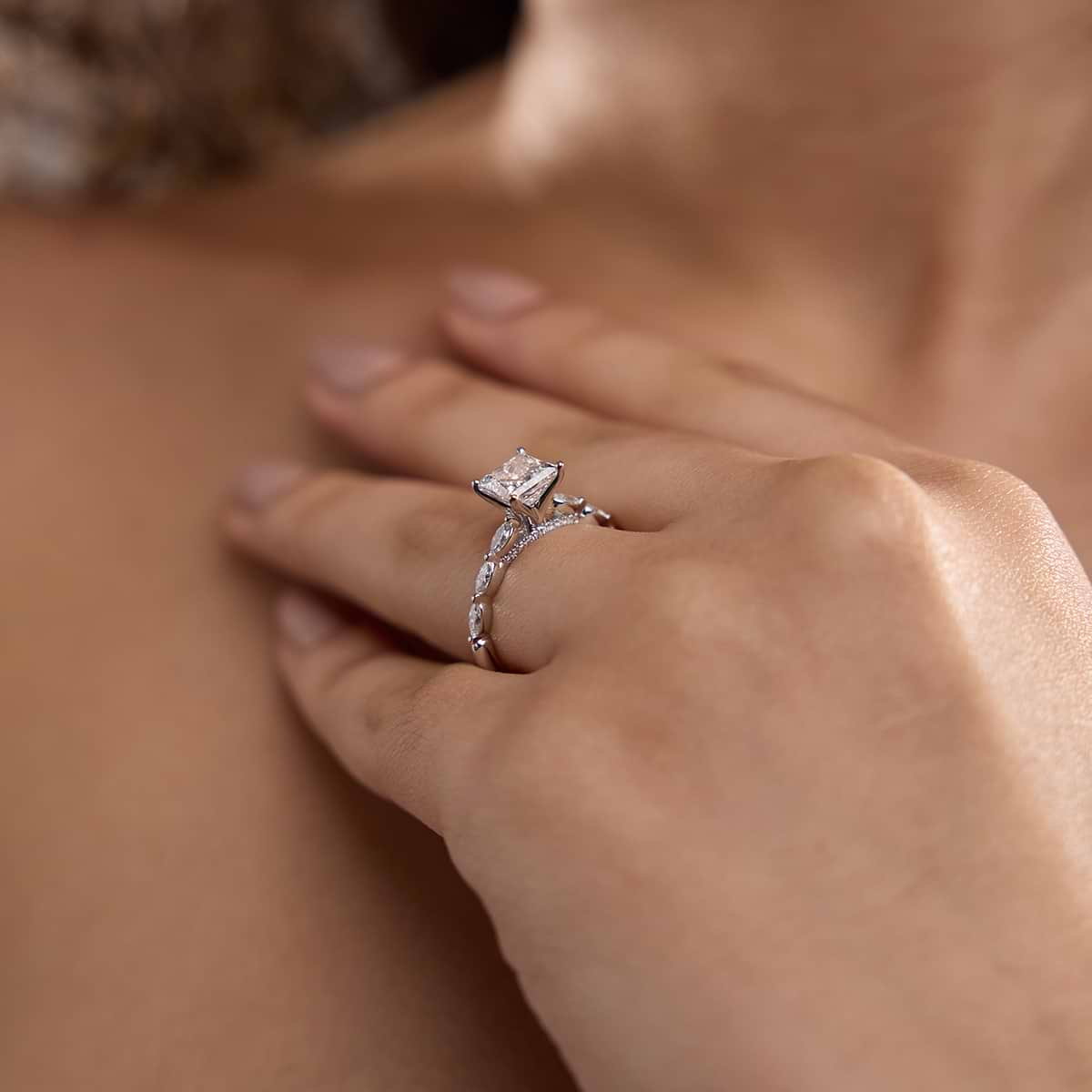 Additional Image 3 for  1 7/8 ctw Princess Lab Grown Diamond Engagement Ring with Floating Marquise Side Accents