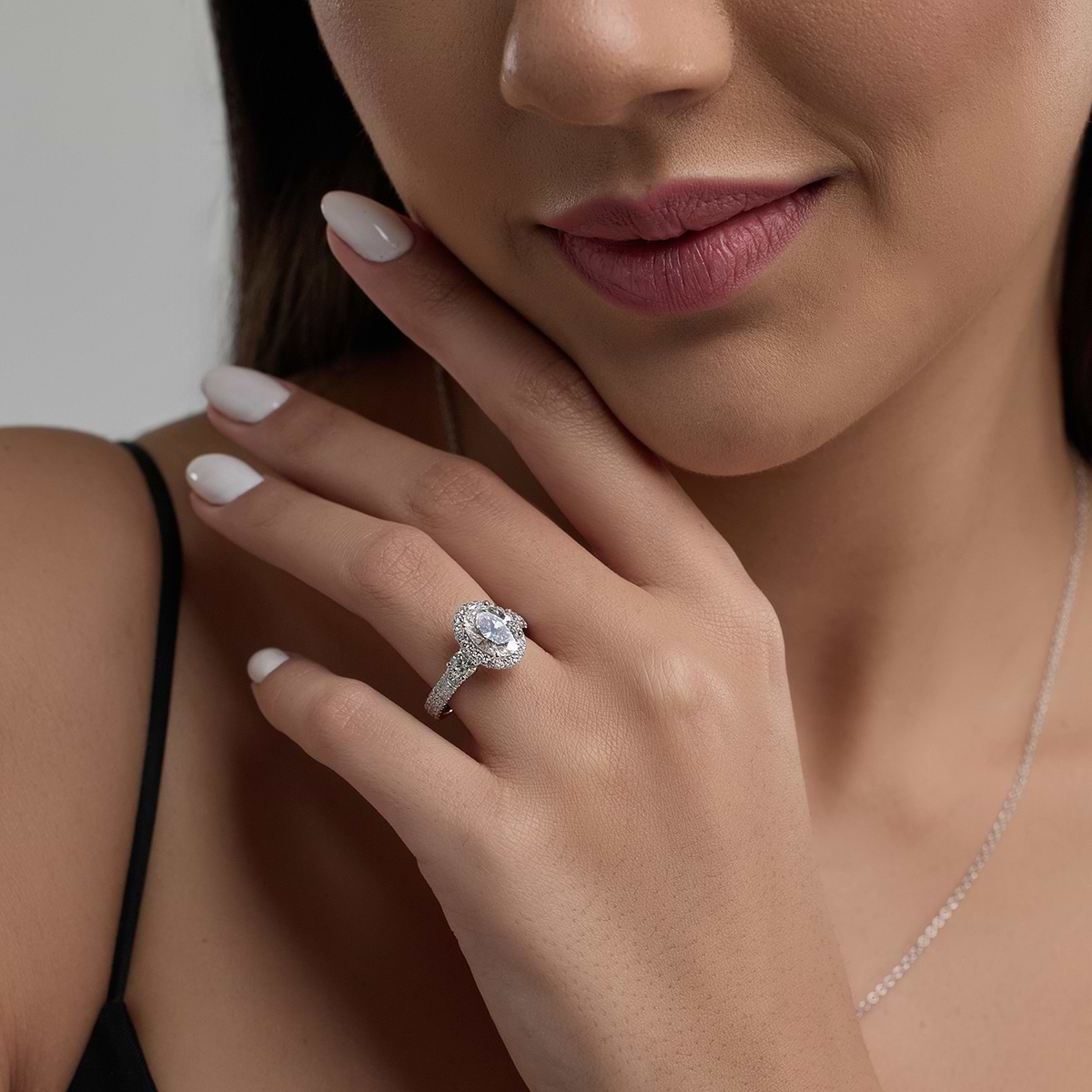 3 1/4 ctw Oval Lab Grown Diamond Double Row Side Stones Halo Engagement Ring 14K White Gold, E, VS1