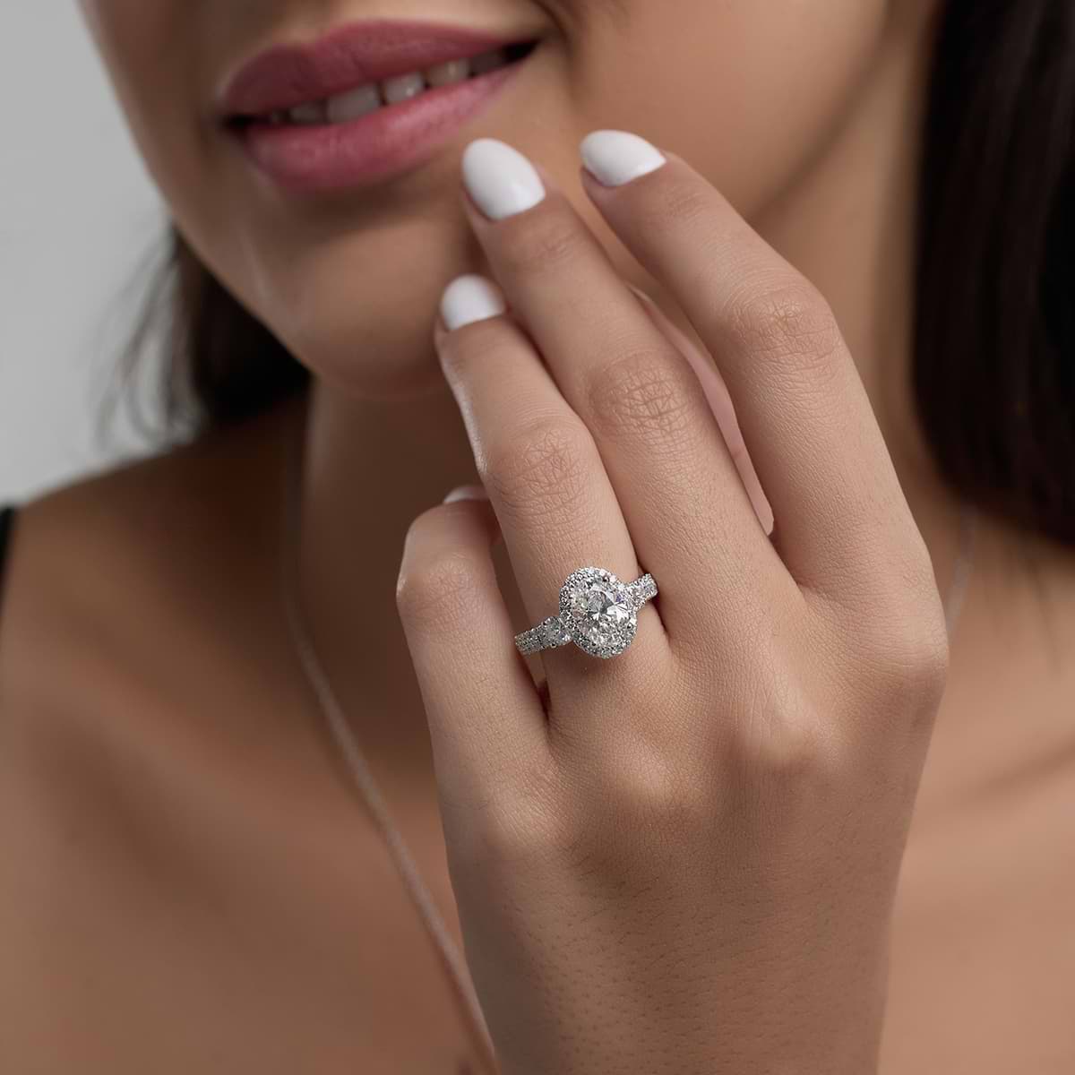 3 1/4 ctw Oval Lab Grown Diamond Double Row Side Stones Halo Engagement Ring 14K White Gold, E, VS1