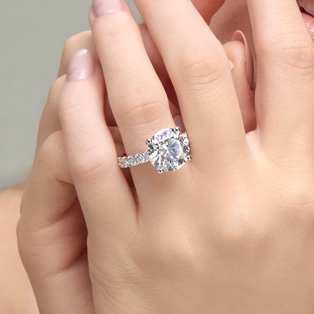7 ctw Round Lab Grown Diamond Engagement Ring with Split Prong Side Accents