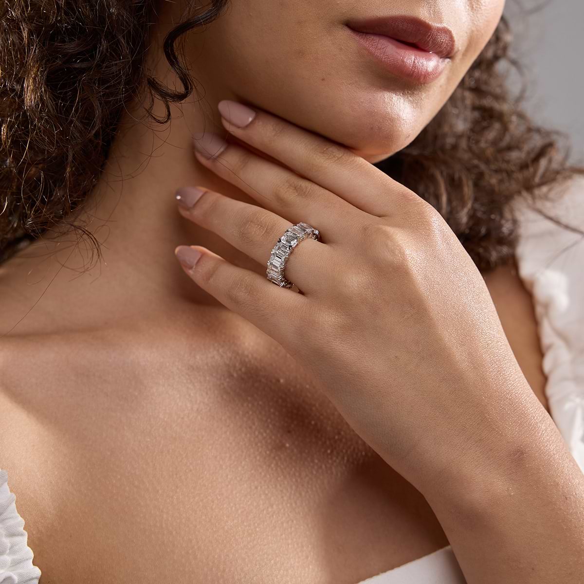 10 ctw Emerald Lab Grown Diamond V-Prong Eternity Band Width  Platinum, E+, VS1+