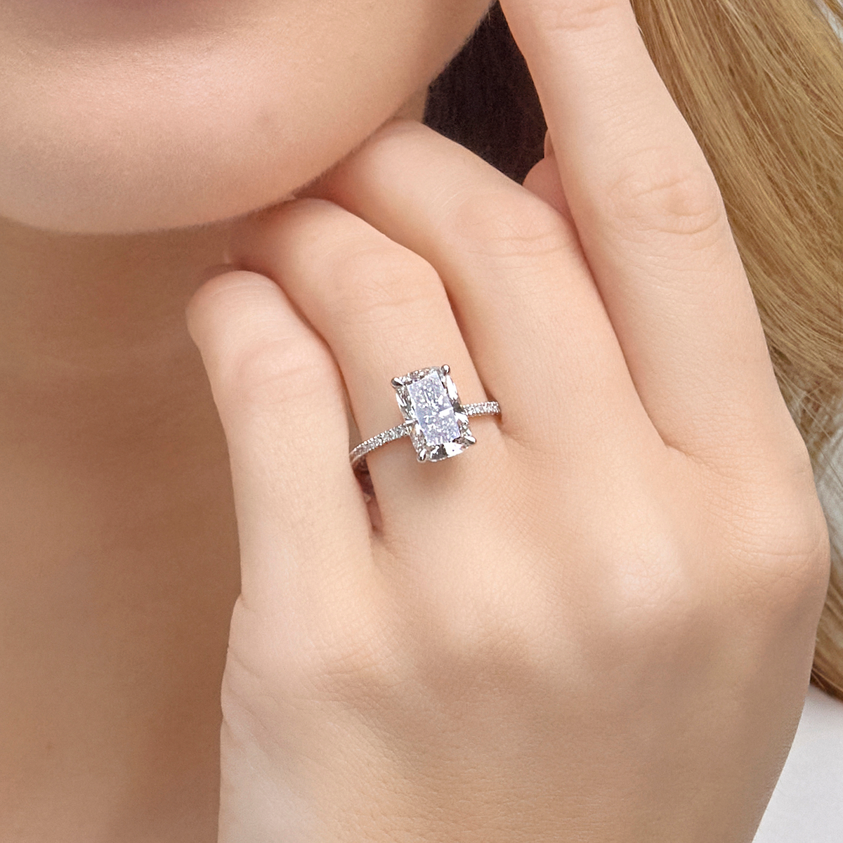 5 1/4 ctw Elongated Cushion Lab Grown Diamond Hidden Halo Engagement Ring Platinum, D, VVS
