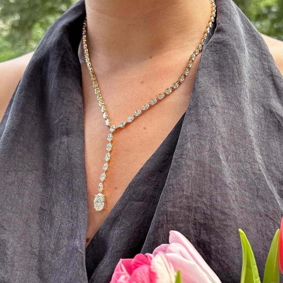 Badgley Mischka 17 ctw Pear Lab Grown Diamond Lariat Tennis Necklace 14K White Gold, FG, VS2+