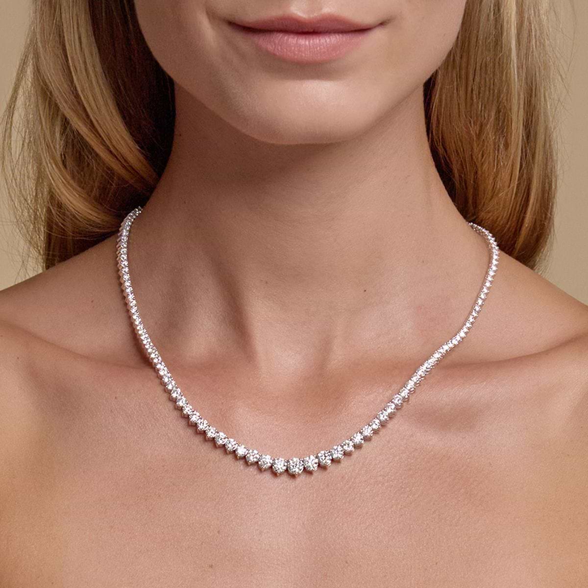 17 ctw Round Lab Grown Diamond Graduated Riviera Fashion Necklace 14K Rose Gold, F, VS2