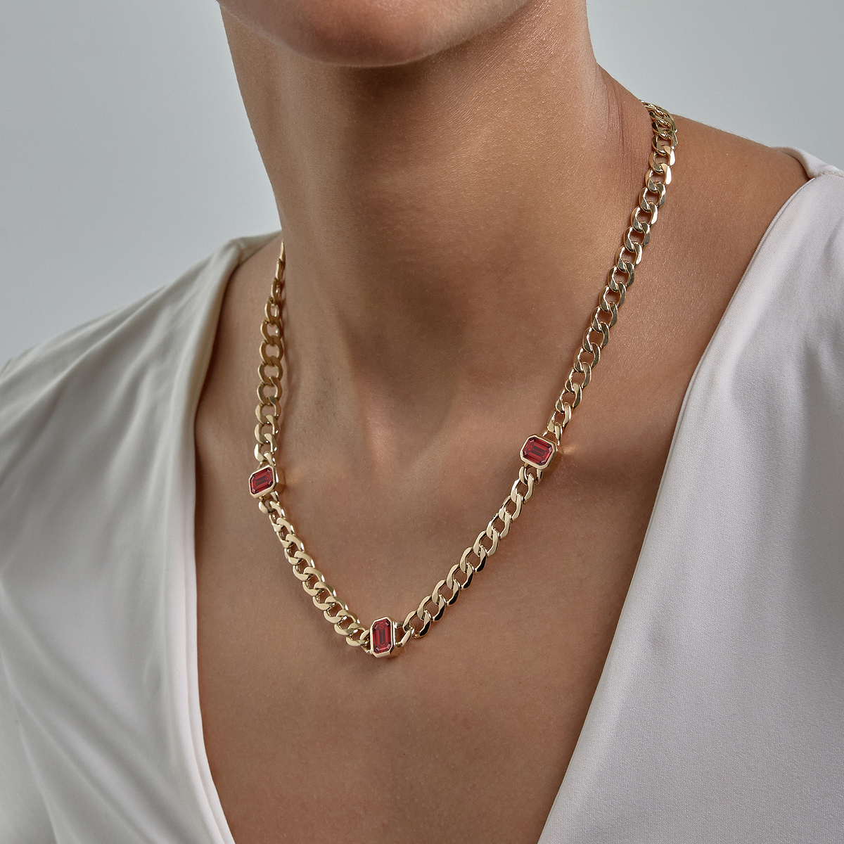 9x6 mm Emerald Cut Lab Grown Ruby Necklace