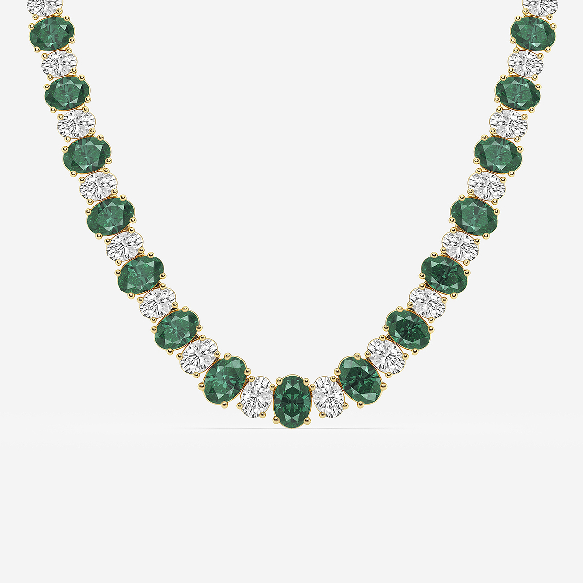 7.5x5.2 mm Oval Cut Created Emerald and 10 ctw Oval Lab Grown Diamond Graduated Fashion Necklace 14K Yellow Gold