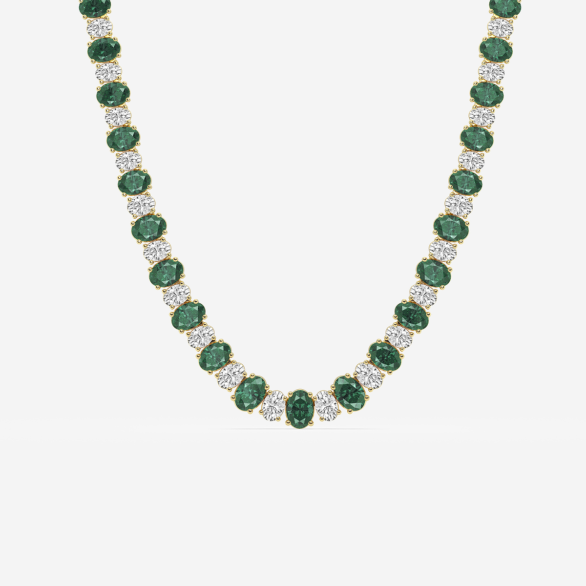 7.5x5.2 mm Oval Cut Created Emerald and 10 ctw Oval Lab Grown Diamond Graduated Fashion Necklace 14K Yellow Gold