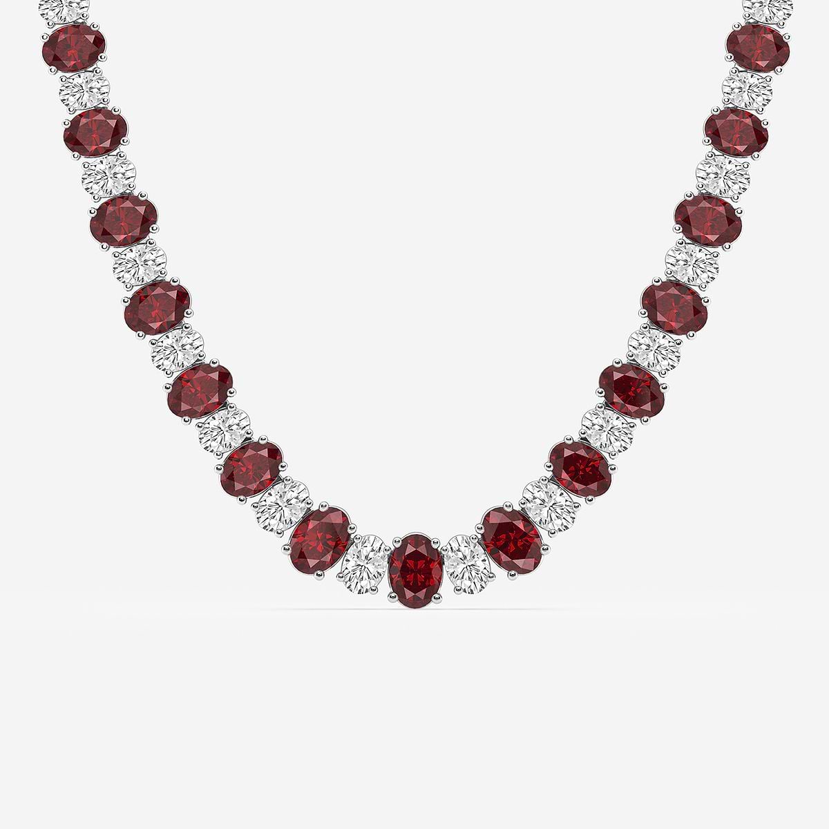 7.5x5.2 mm Oval Cut Created Ruby and 10 ctw Oval Lab Grown Diamond Graduated Fashion Necklace Platinum