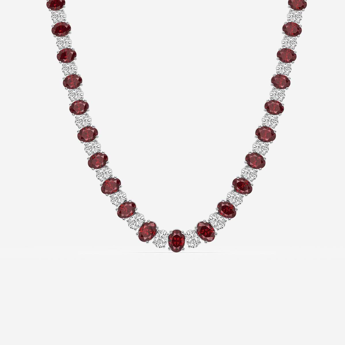 7.5x5.2 mm Oval Cut Created Ruby and 10 ctw Oval Lab Grown Diamond Graduated Fashion Necklace Platinum